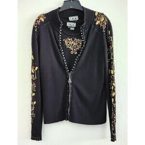 SWEATER JACKET & TANK-BEREK-Rhinestones-Appliques-Black-Gold-2 Piece-Size XL